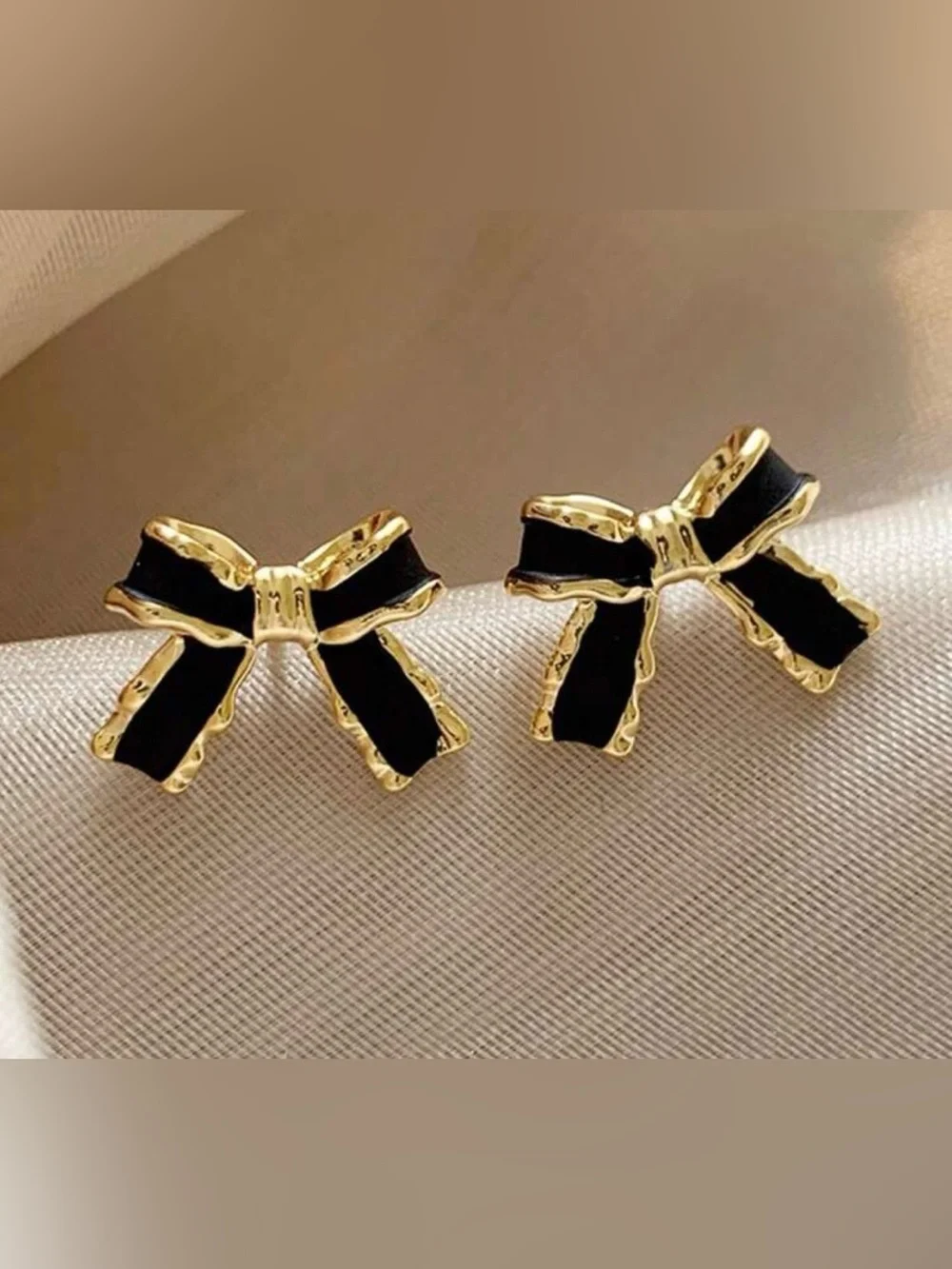 Black Enamel Bow 🖤 Stud Earrings | Gold-Tone Metal Trim NWT